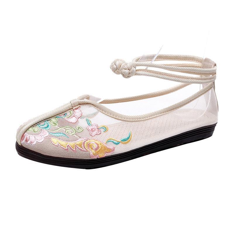 Beige Tulle Embroidered Oriental Flats