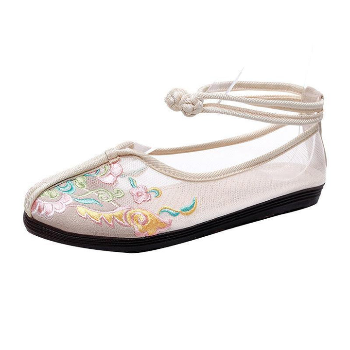 Beige Tulle Embroidered Oriental Flats