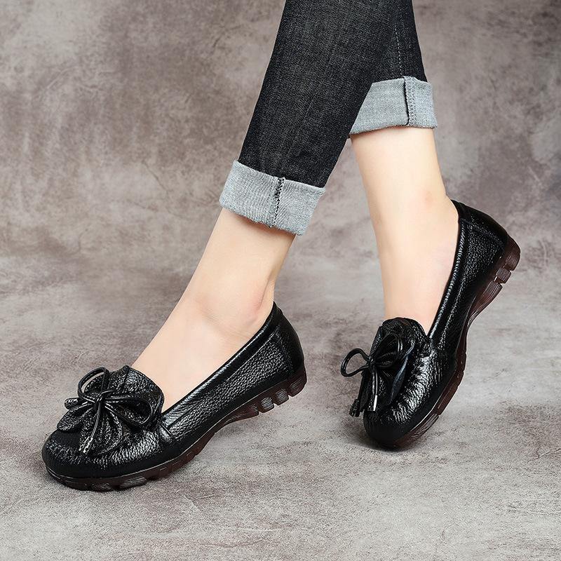 Black Leather Bow Handmade Flat Shoes