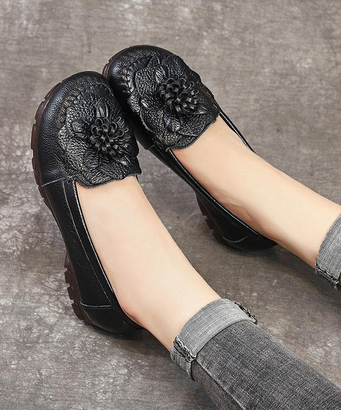 Black Leather Bow Handmade Flat Shoes