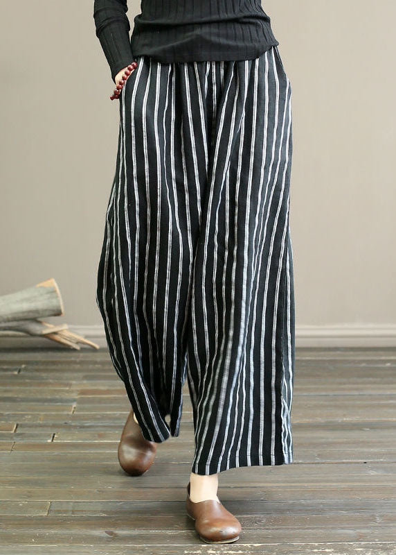 Black Striped Wide-Leg Linen Pants