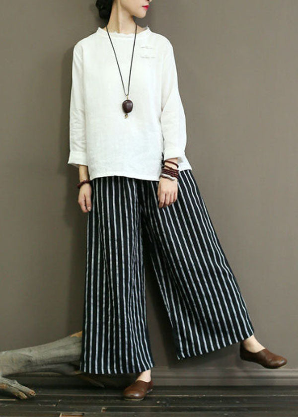 Black Striped Wide-Leg Linen Pants