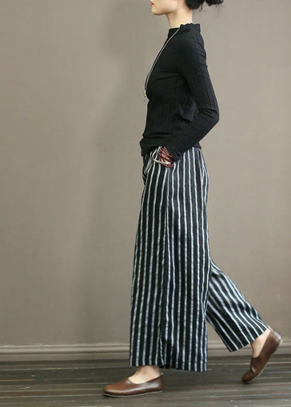 Black Striped Wide-Leg Linen Pants