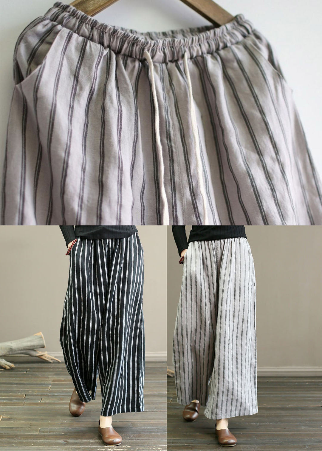 Black Striped Wide-Leg Linen Pants