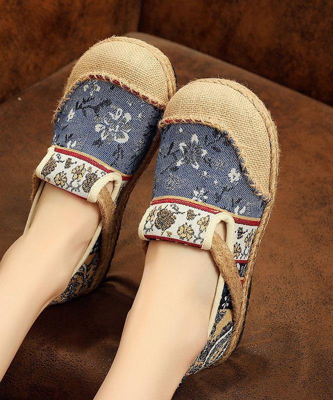 Blue Jacquard Cotton Linen Flat Shoes