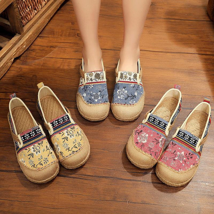 Blue Jacquard Cotton Linen Flat Shoes