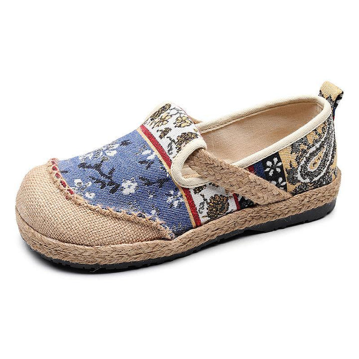 Blue Jacquard Cotton Linen Flat Shoes