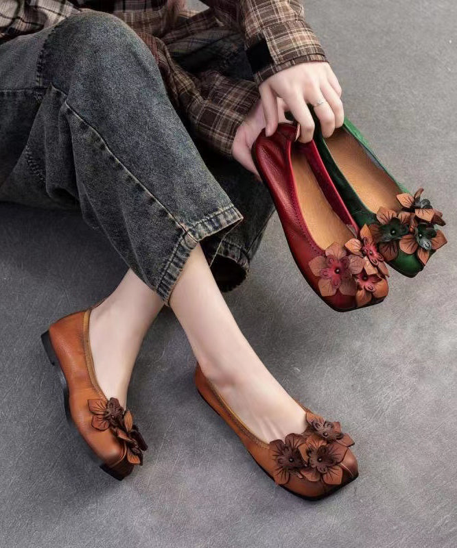Brown Cowhide Retro Floral Flat Shoes
