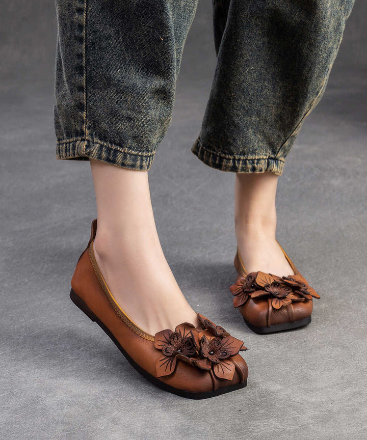 Brown Cowhide Retro Floral Flat Shoes