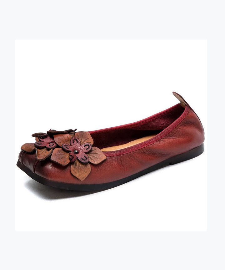 Brown Cowhide Retro Floral Flat Shoes