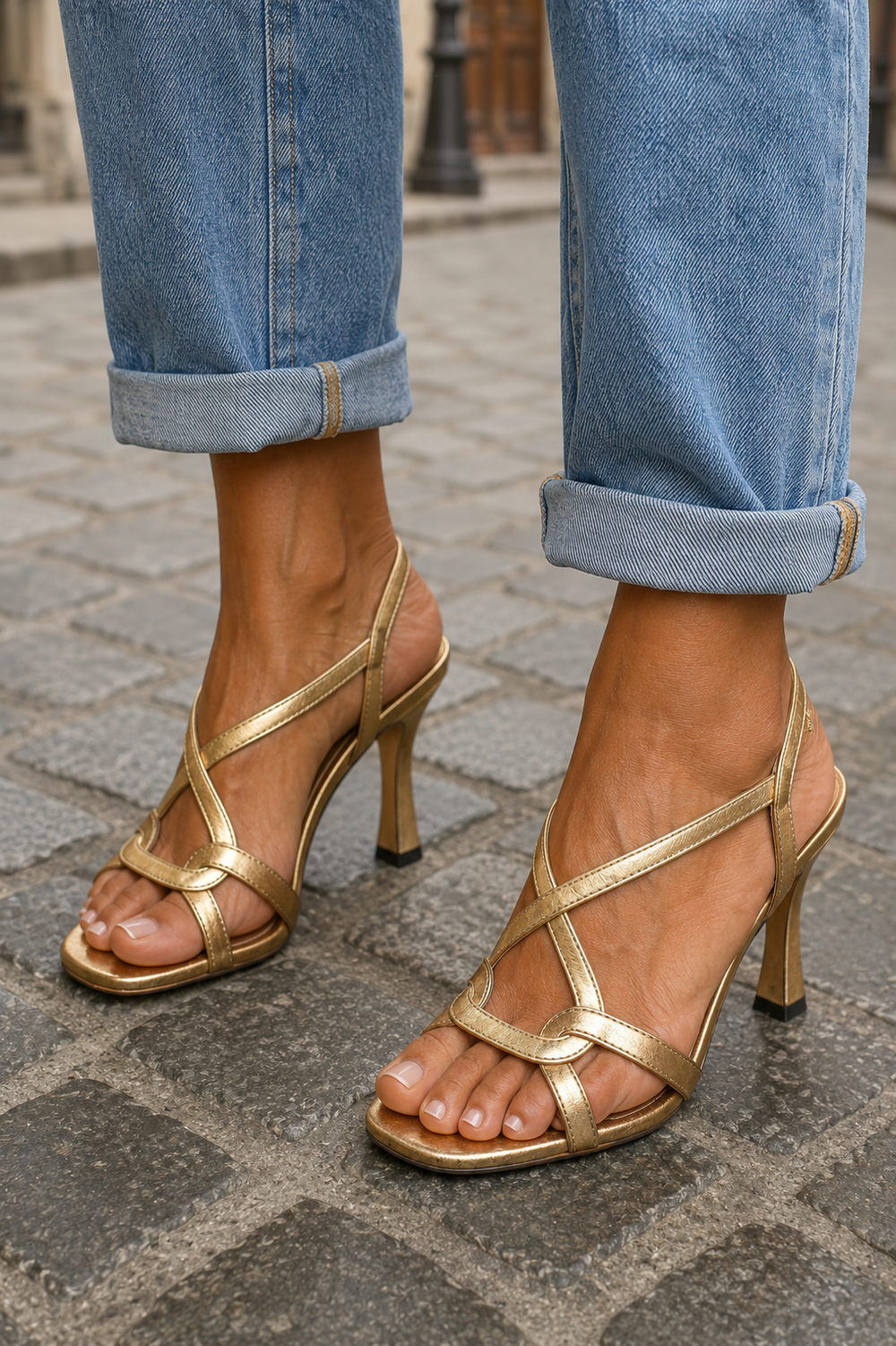 Estíbaliz | Metallic Gold High Heels with Crossed Straps for Summer