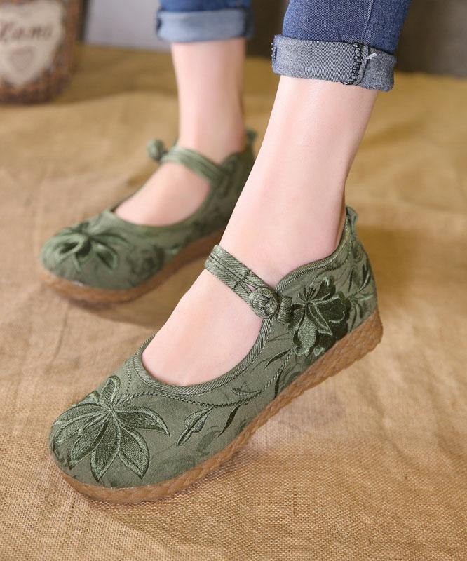 Green Embroidered Buckle Strap Flats