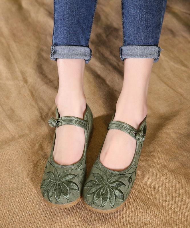 Green Embroidered Buckle Strap Flats
