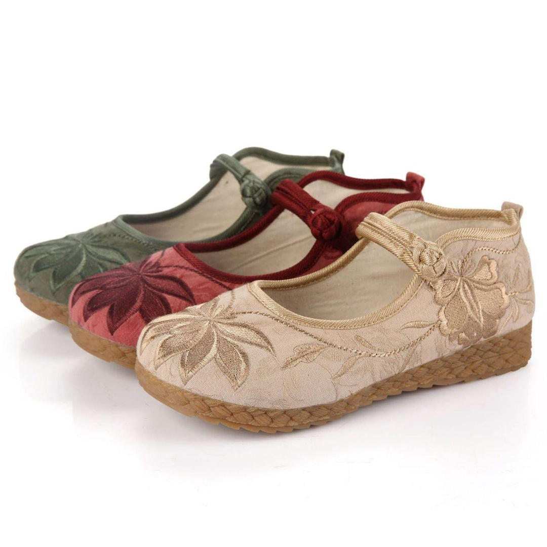 Green Embroidered Buckle Strap Flats