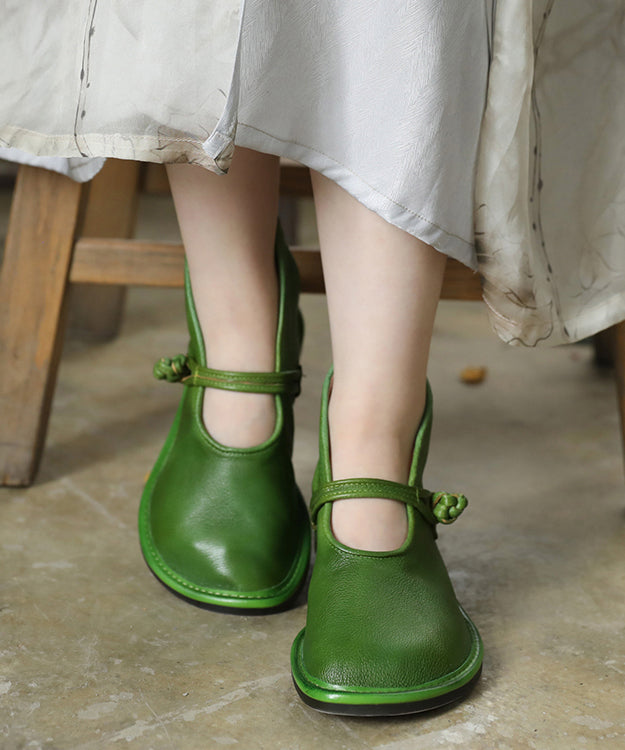 Green Cowhide Upper Buckle Flat Shoes