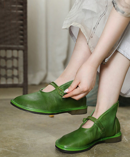 Green Cowhide Upper Buckle Flat Shoes