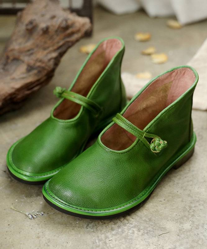 Green Cowhide Upper Buckle Flat Shoes
