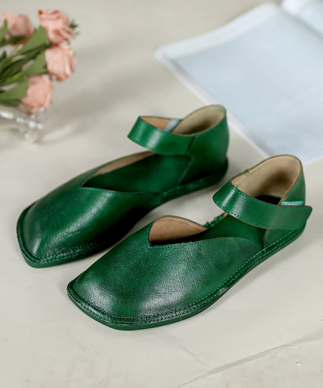 Green Cowhide Buckle Strap Flat Shoes