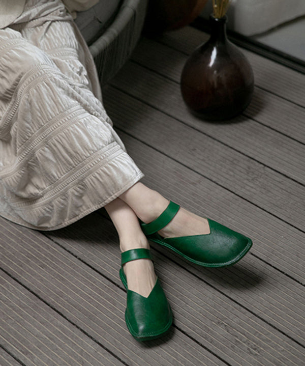 Green Cowhide Buckle Strap Flat Shoes