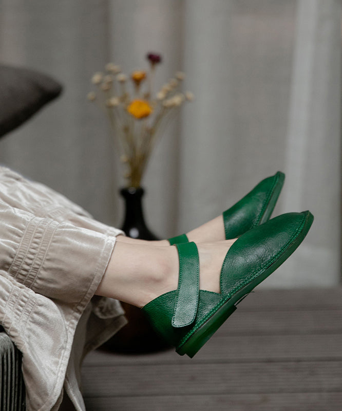 Green Cowhide Buckle Strap Flat Shoes