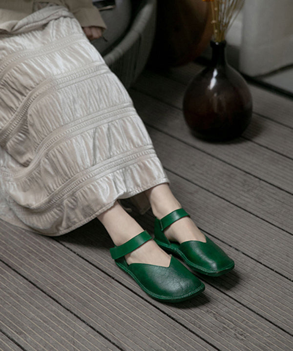 Green Cowhide Buckle Strap Flat Shoes