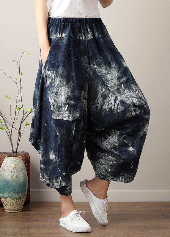 Denim Blue Elastic Waist Linen Harem Pants