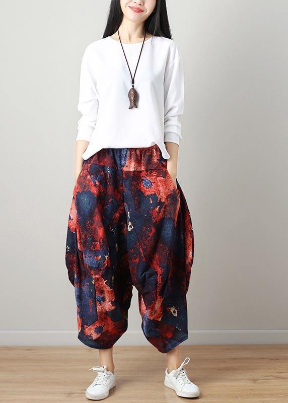Denim Blue Elastic Waist Linen Harem Pants