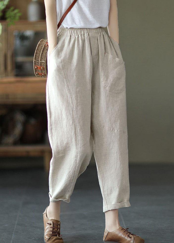 Beige Elastic Waist Linen Harem Pants