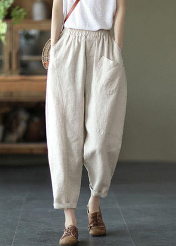 Beige Elastic Waist Linen Harem Pants
