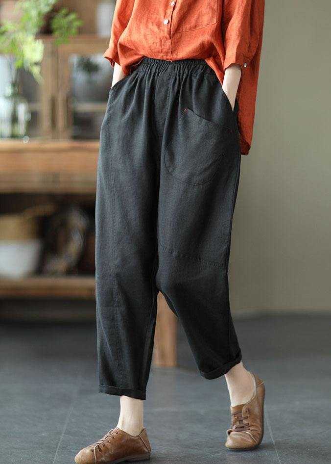 Beige Elastic Waist Linen Harem Pants