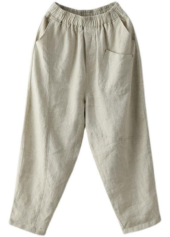Beige Elastic Waist Linen Harem Pants
