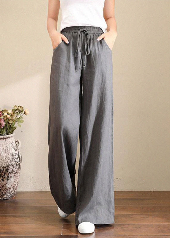 Grey Elastic Waist Wide-Leg Linen Pants