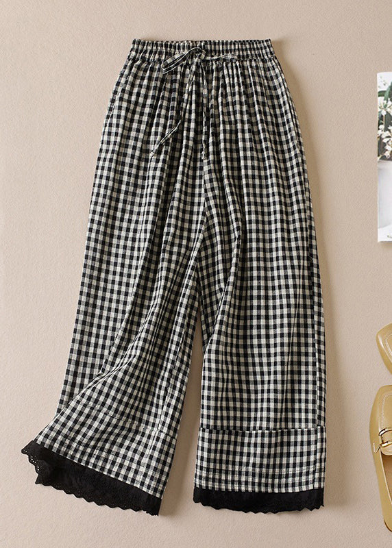 Plaid Elastic Waist Linen Crop Pants