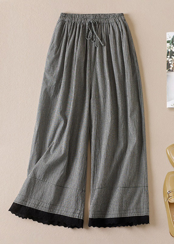 Plaid Elastic Waist Linen Crop Pants