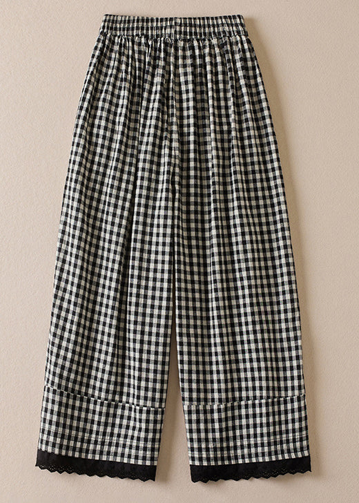 Plaid Elastic Waist Linen Crop Pants