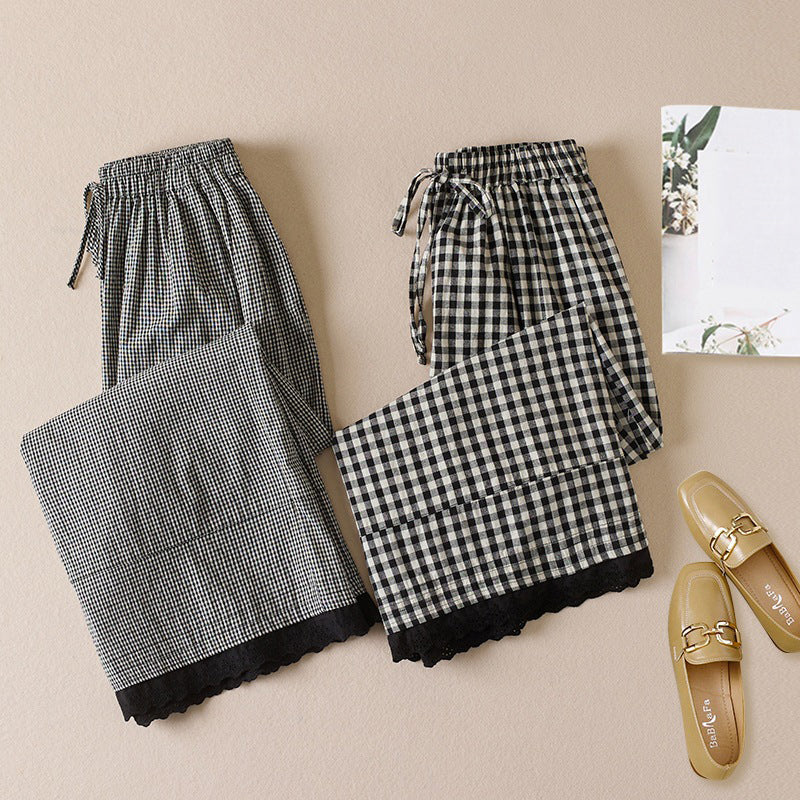 Plaid Elastic Waist Linen Crop Pants