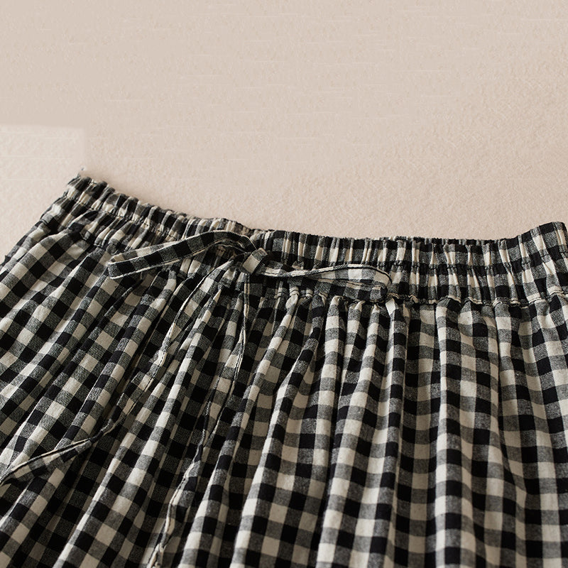 Plaid Elastic Waist Linen Crop Pants