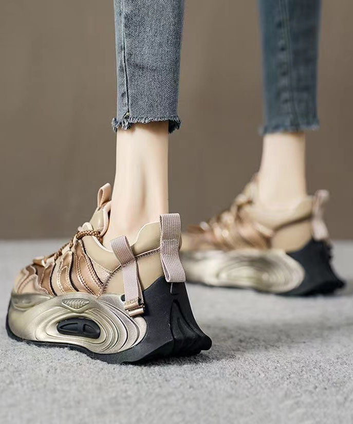Gold Leather Platform Cross Strap Flats