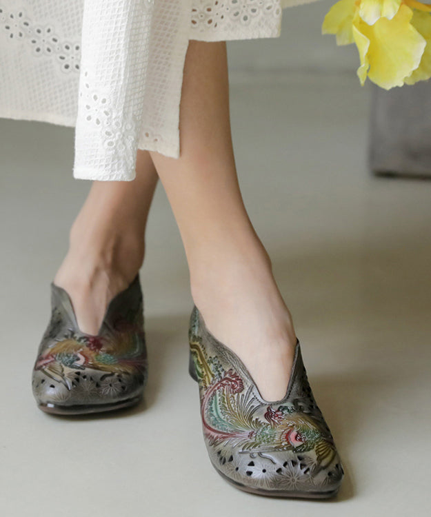 Grey Cowhide Embossed Hollow Flat Shoes