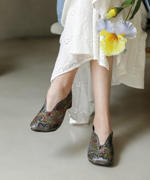 Grey Cowhide Embossed Hollow Flat Shoes