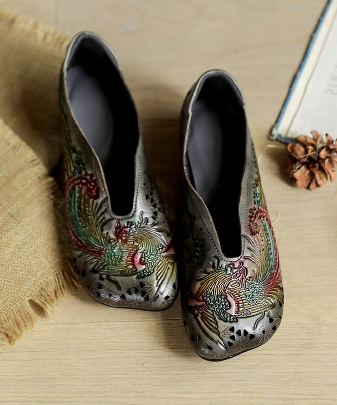 Grey Cowhide Embossed Hollow Flat Shoes