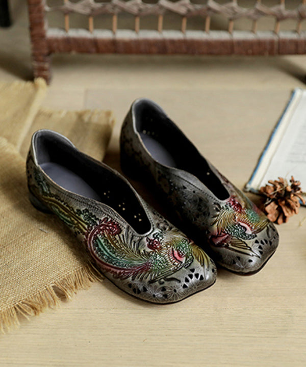 Grey Cowhide Embossed Hollow Flat Shoes