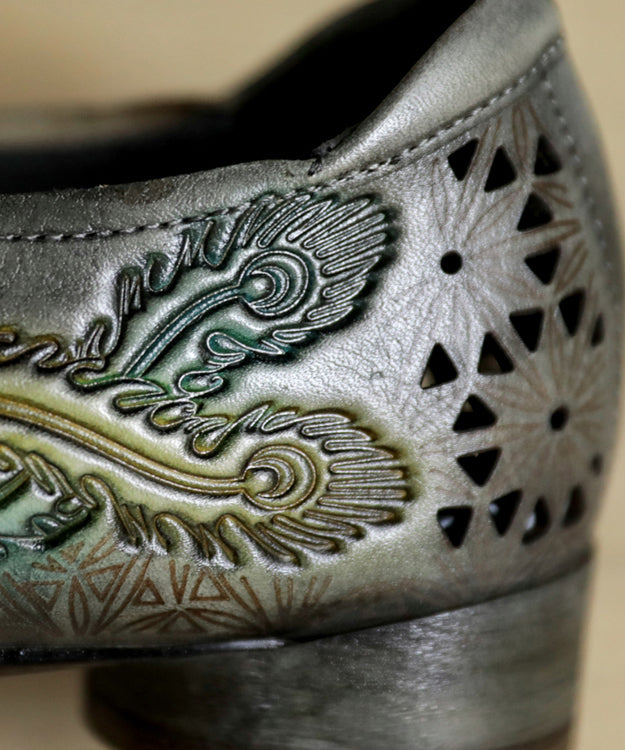 Grey Cowhide Embossed Hollow Flat Shoes