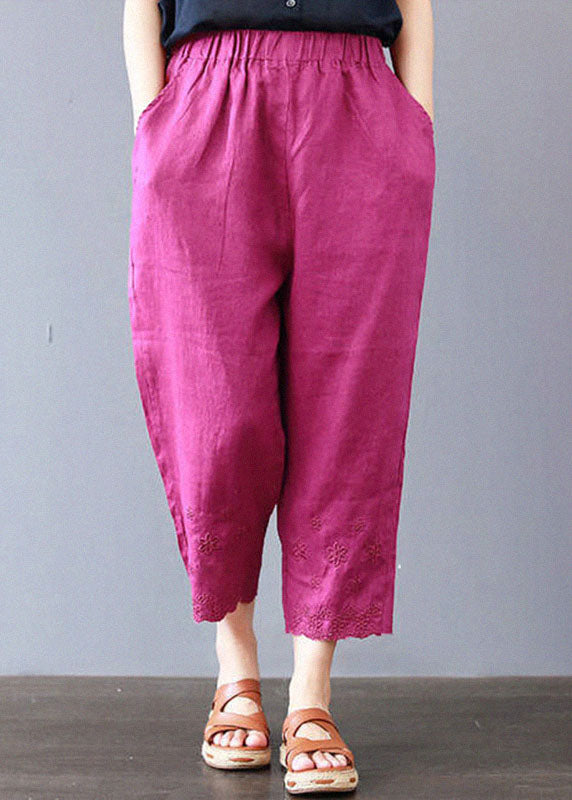 Rose Embroidered Linen Pocket Pants