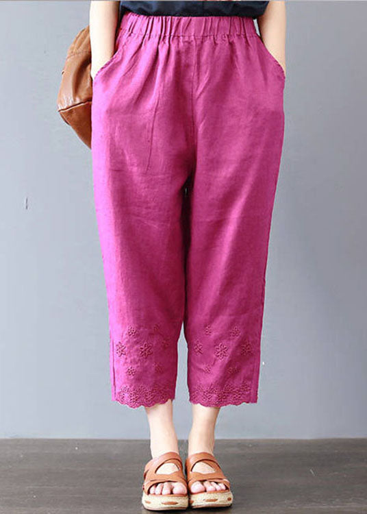 Rose Embroidered Linen Pocket Pants