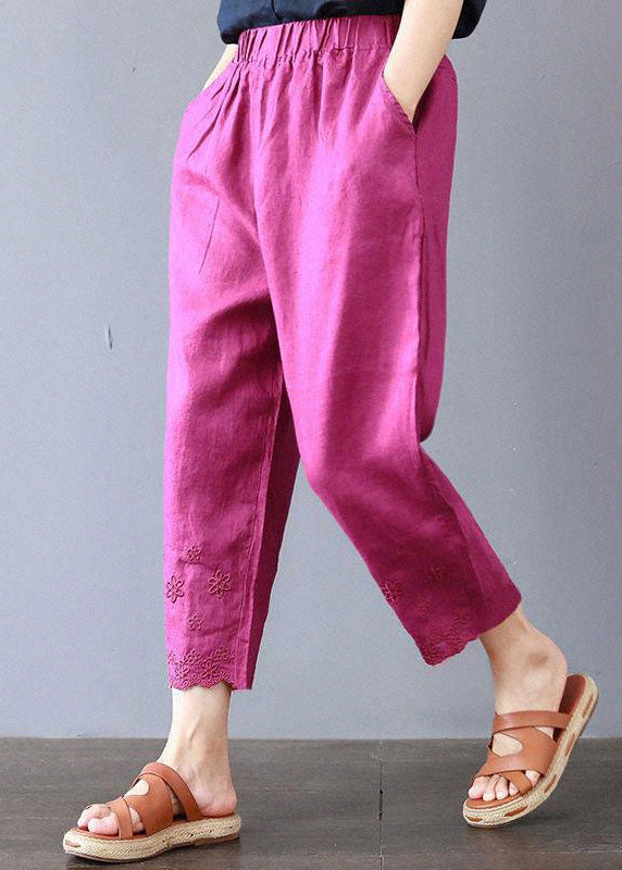 Rose Embroidered Linen Pocket Pants