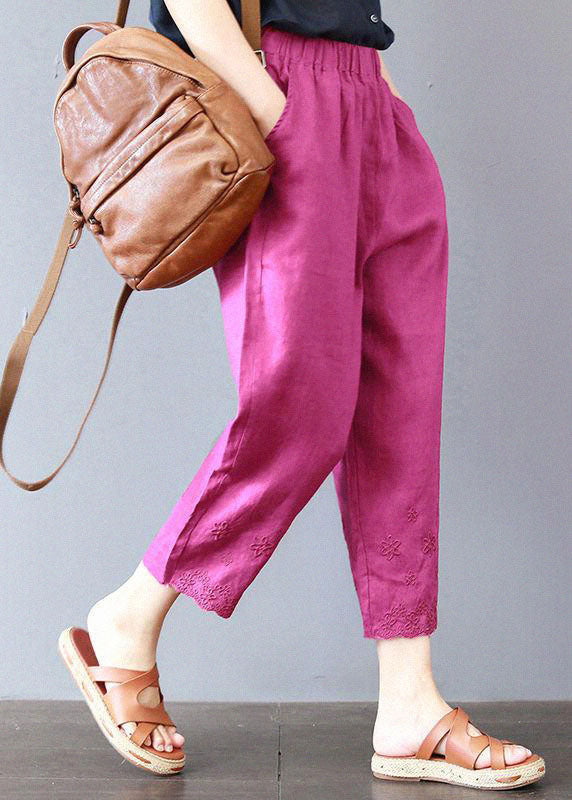 Rose Embroidered Linen Pocket Pants