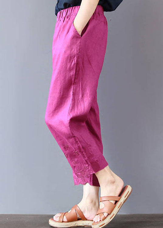 Rose Embroidered Linen Pocket Pants