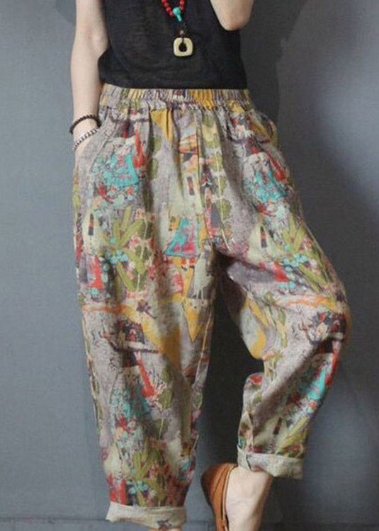 Print Elastic Waist Linen Harem Pants
