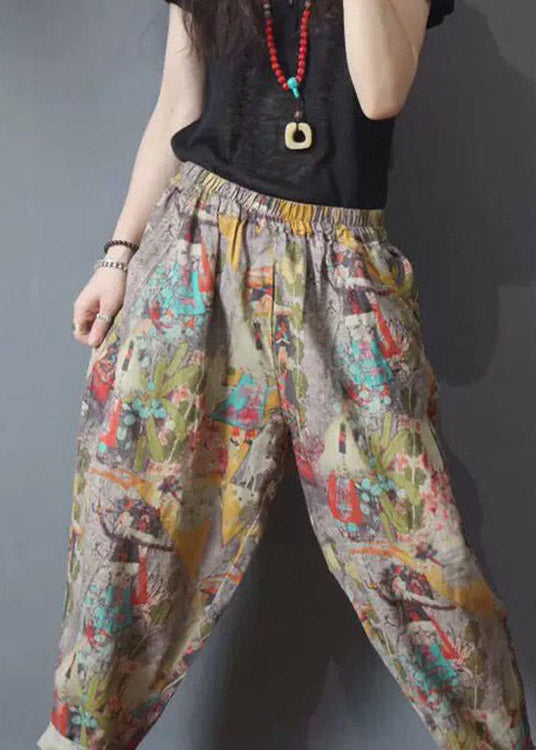 Print Elastic Waist Linen Harem Pants